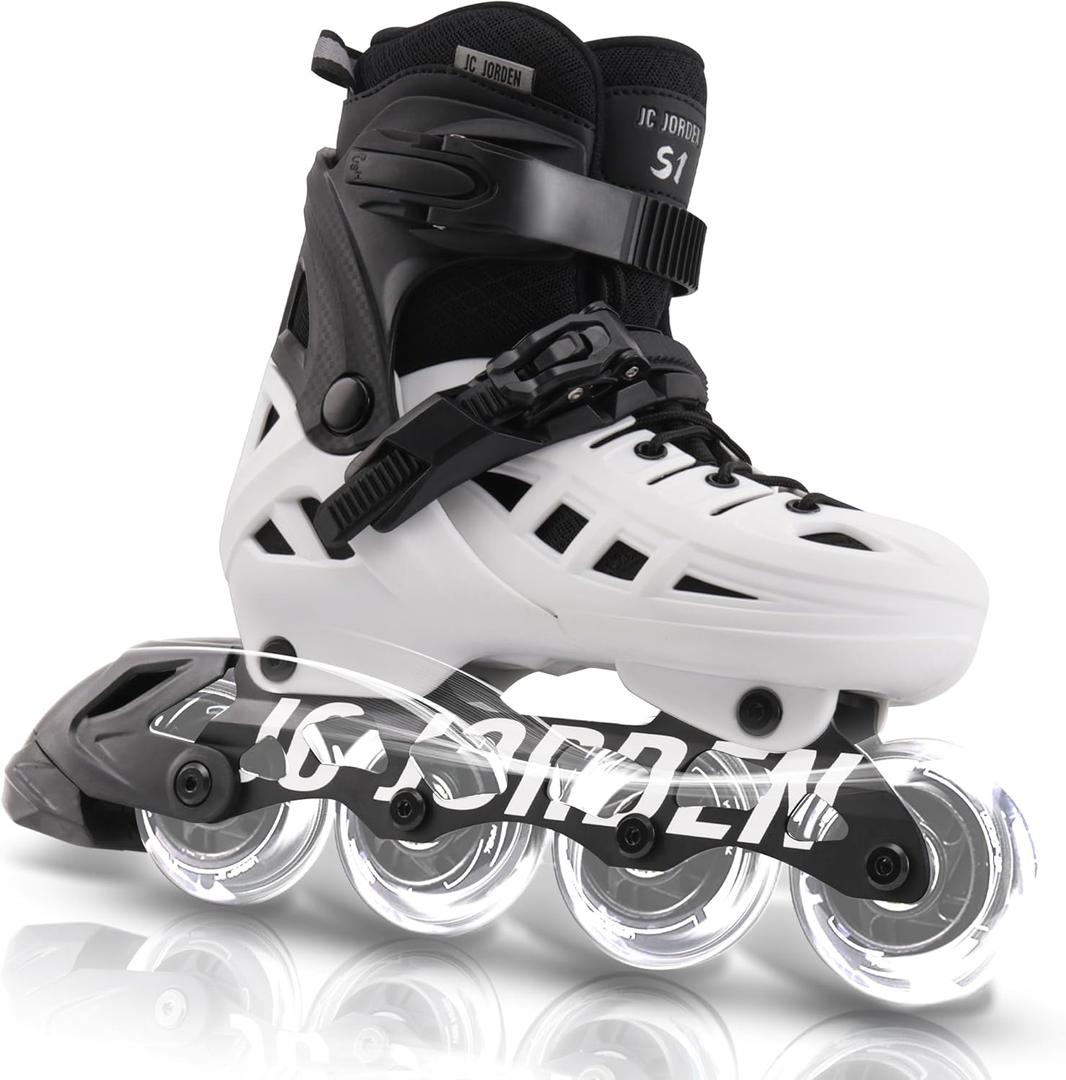 Inline Skates for Kids Girls and Boys, 4 Sizes Adjustable Roller Skates Blades with Full Light Up Wheels for Women Men, Durable Outer Shell, Roller Skates 4-12 Adults (XLarge-Youth & Adult (8-11 US), Black & White)