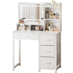 Kitsure Vanity Desk with Mirror & Lights  White Makeup Vanity Table with Large Storage, 4 Fabric Drawers & 3 Lighting Modes, Sturdy Metal Frame Vanity Set for Bedroom, 35.1" x 17.2" x 52.1"