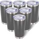20oz Tumbler Bulk Stainless Steel Tumblers with Lid Vacuum Insulated Double Wall Travel Coffee Mug Powder Coated Tumbler Cup for Hot and Cold Drinks (Grey, Pack of 6) 