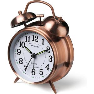 Peakeep Loud Analog Alarm Clock for Heavy Sleepers, Vintage 4-Inch Twin Bell Old School Fashioned Alarm Clock with Battery Operated for Bedrooms (Red Brown)