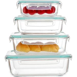 4-Piece Glass Food Storage Container Set with Secure Locking Lids, Transparent Blue, Microwave, Oven, Freezer, and Dishwasher Safe