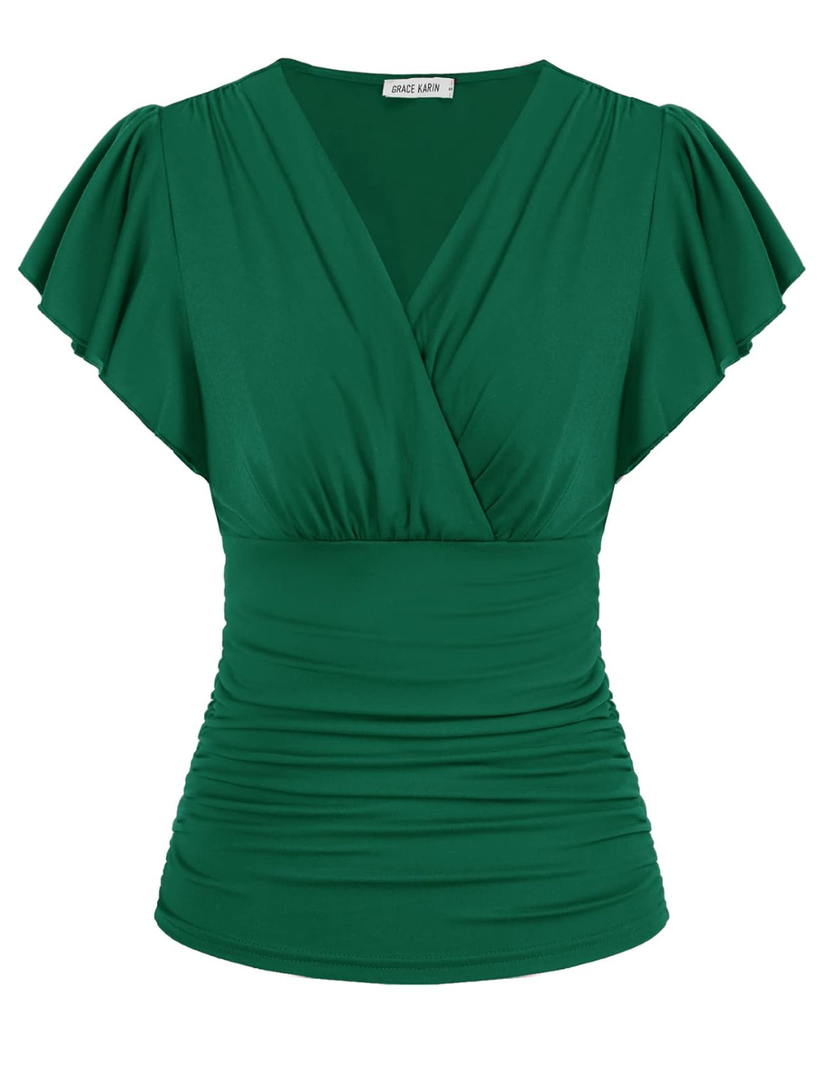 GRACE KARIN 2025 Womens Tops Summer Wrap Blouse V Neck Ruffle Sleeve Dressy Casual Top Ruched Trendy Clothes Size L