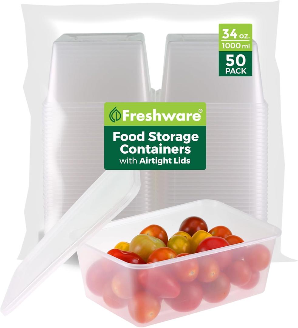 Freshware Food Storage Containers [50 Set] 34 oz Plastic Deli Containers with Lids, Slime, Soup, Meal Prep Containers, BPA Free, Stackable, Leakproof, Microwave, Dishwasher and Freezer Safe, One Size