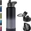 40oz Insulated Water Bottle with Straw, Stainless Steel Metal Vacuum Water Flask, Large Thermal Water bottle with Leakproof 3 Lids for Travel, Camping, Gym Sports Black Gray