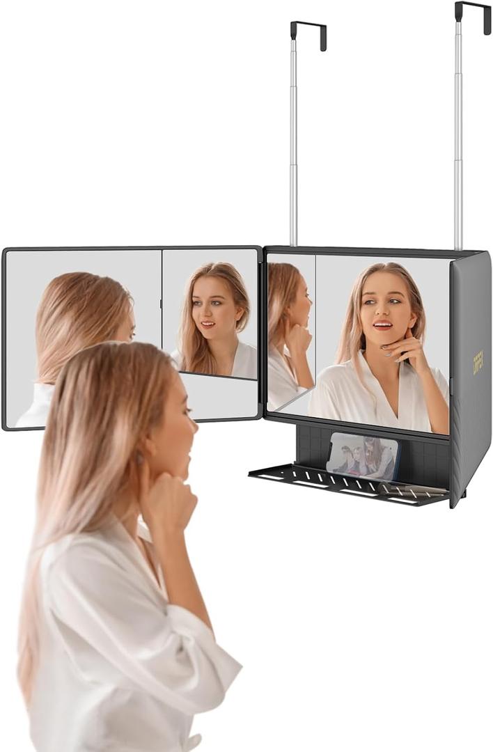 Dripex 3 Way Mirror with Storage Shelf, Trifold Self Haircut 360 Barber Mirror with Height Adjustable Hooks for Makeup, Styling, Shaving, Braiding, Dye Hair