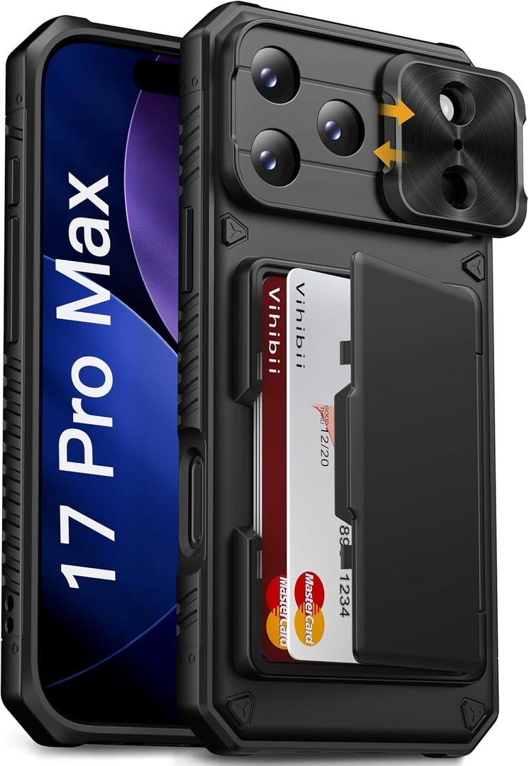 Vihibii for iPhone 17 Pro Max Case with Card Holder (4 Cards) [RFID Blocking] & Slide Camera Cover, Military Grade Drop Protection, Rugged Hard Back & Silicone Edge Wallet Phone Case 6.9" 2025, Black