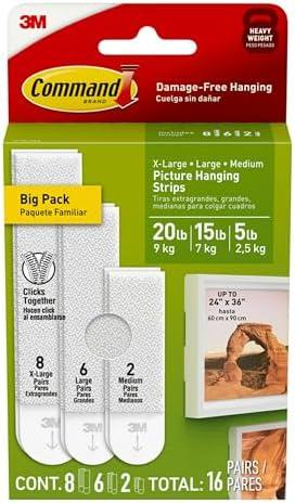 Command Picture Hanging Strips Variety Pack, Damage Free Hanging Picture Hangers, No Tools Wall for Living Spaces, White, 2 Medium Pairs, 6 Pairs and 8 Extra Large Pairs And Mickey Mouse Stickers