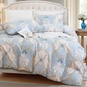 100% Natural Cotton Comforter Set Queen 3 Pcs Grayish Blue Bedding Sets with Luxurious Damask Pattern, Reversible Breathable Soft Comforter Sets for All Season