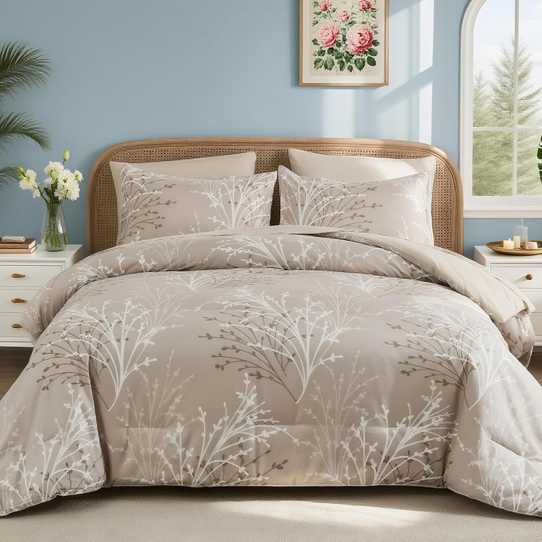 DJY Beige Floral Comforter Set King Size, Branch Botanical Bed in a Beg 7 Pieces Floral Bedding Set, Soft Microfiber Reversible Comforter Set for All Season, 90''x90''