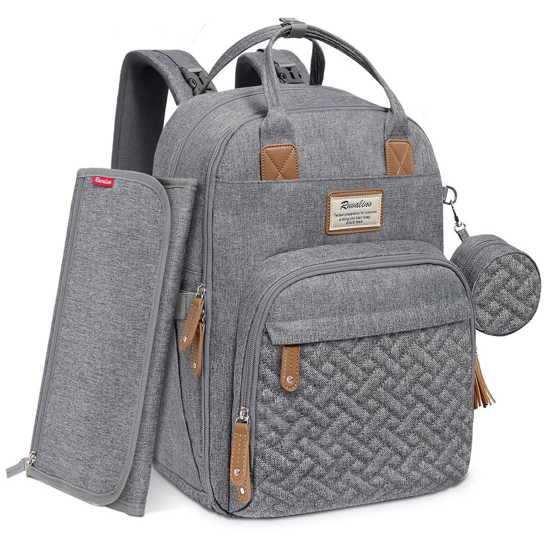 RUVALINO Diaper Bag Backpack, Multifunction Travel Pack Maternity Baby Changing Bags, Large Capacity, Waterproof, Gray (Stylish_light Gray)
