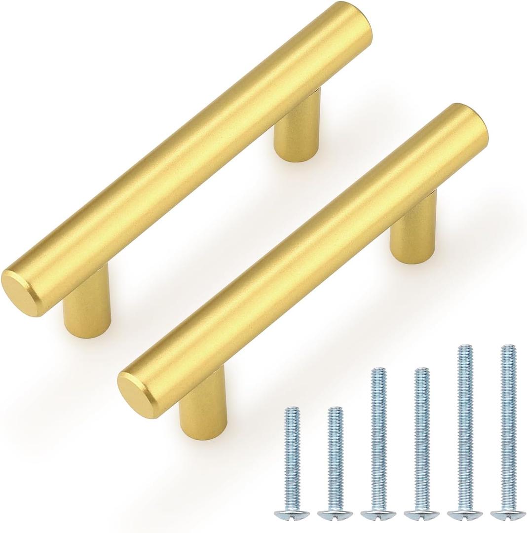 Probrico 5 Pack 2-1/2 inch Center-to-Center Kitchen Cabinet Pulls T Bar Gold Cabinet Handles Modern Drawer Hardware Dresser Pulls, 4 inch Total Length