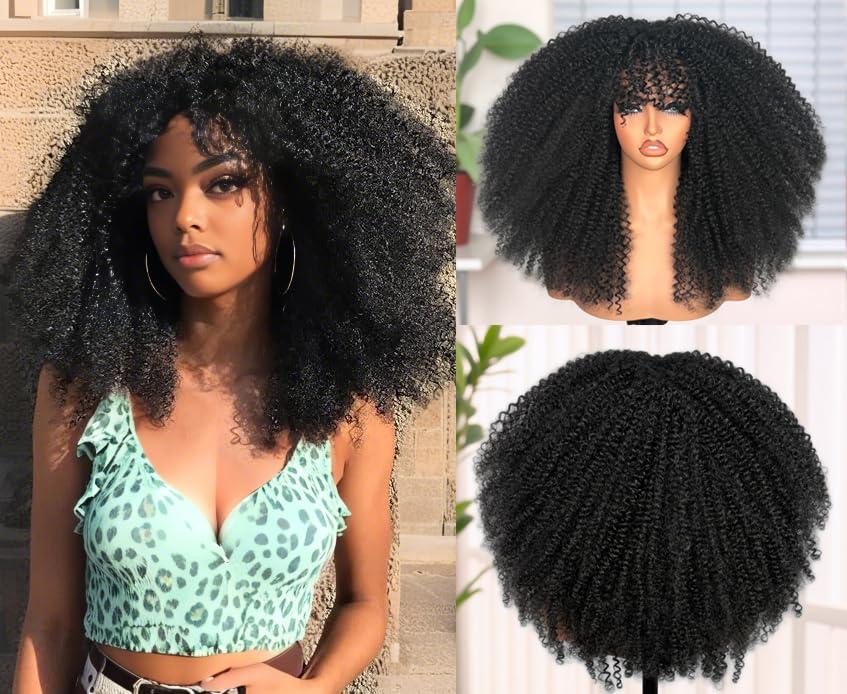 ZadaBelly 18Inch Long Afro Black Curly Wig With Bang for Black Women Bomb Kinky Curly Wig Heat Resistant Puffy and Fluffy Bouncy Curly Synthetic Hair,Natural LookingBlack color wig