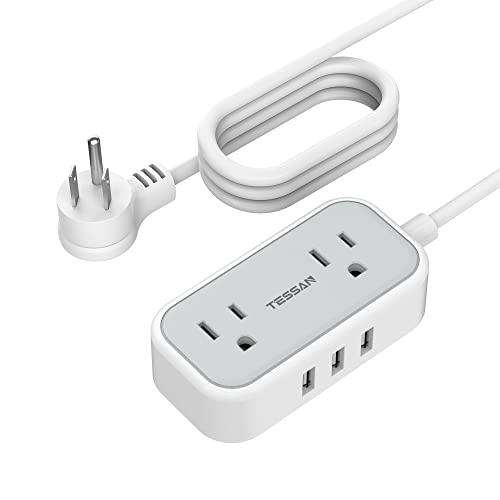Extension Cord 10 FT, TESSAN Power Strip with 2 Outlets 3 USB Ports, Mini Multi Outlets Charging Station for Cruise Essentials, Dorm Room Essentials, Home, Office Gray