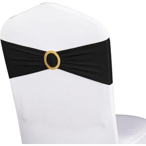 Pack of 100 Spandex Black Chair Sashes with Gold Buckles, Stretch Chairs Sashes for Wedding Party Baby Shower Ceremony Event Decorations Chair Bands Bows (Black Sashes, Gold Buckles)
