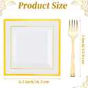 300 Pcs Square Plastic Plates with Forks Set Include 150 Disposable 6.5 Inch Dessert Plates Heavy Duty and 150 Plastic Appetizer Forks for 150 Guests Weddings Party Supplies(Gold)
