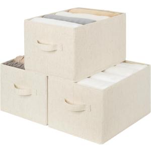 StorageWorks Storage Baskets for Shelves, Foldable Fabric Closet Storage Bins with Handles, Fabric Storage Bins Clothes Organizer, Beige(Cotton-linen), 3-Pack, Large