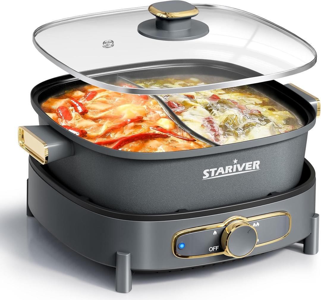 Stariver Hot Pot Electric with Divider, Large 6L Nonstick Double-Flavor Electric Shabu Shabu Pot, 1500W Hotpot with 3 Power Settings, Perfect for Family Dinners & Parties (Grey)
