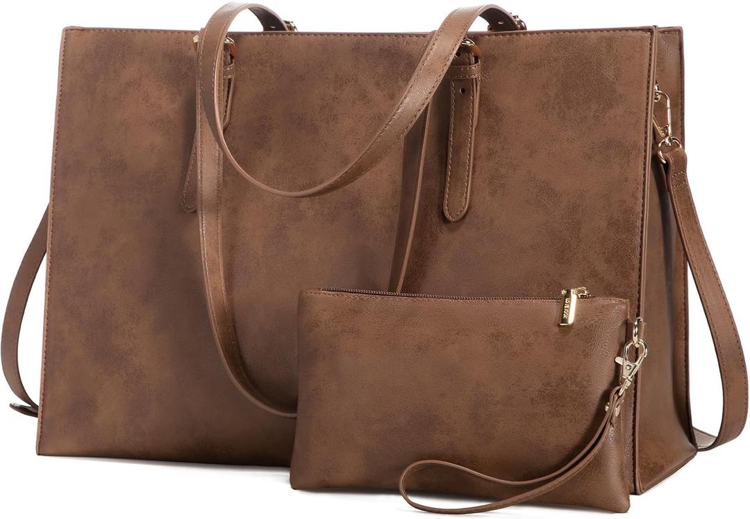 LOVEVOOK Laptop Bag for Women, Vintage Leather Works Computer Tote Bag, 15.6-Inch Large Capacity Shoulder Bag Set with Clutch Purse, Professional Business Briefcase for Office Lady, 2Pcs, Brown