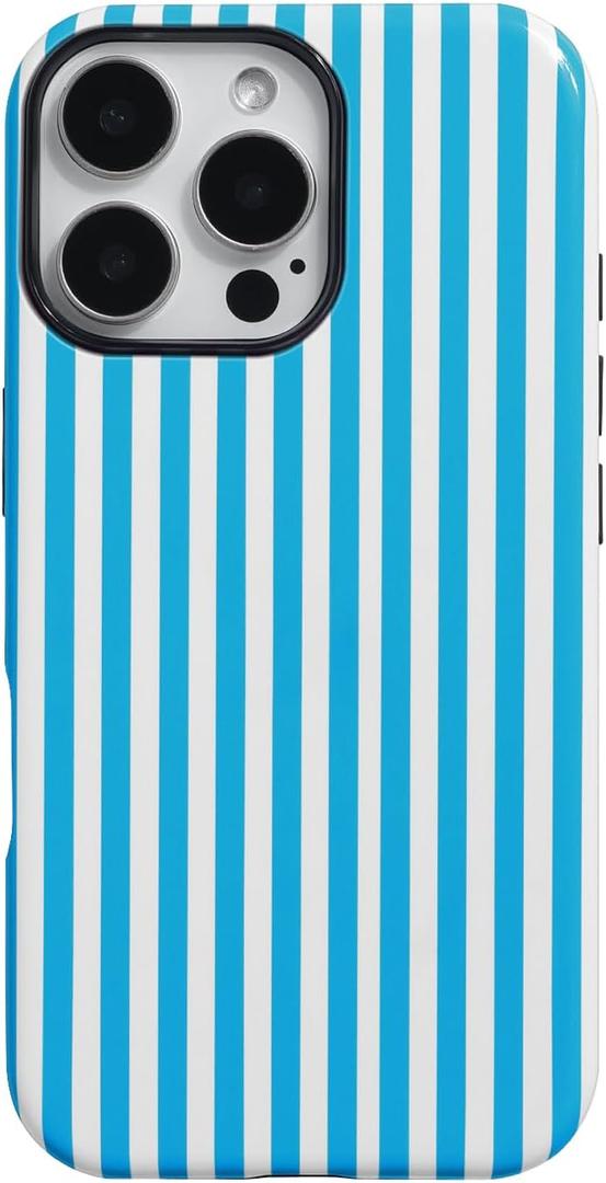 Fycyko Compatible with iPhone 16 Pro Case Striped Cute Aesthetic Phone Case Shockproof TPU Hard PC Protective Cover for iPhone 16 Pro-Blue
