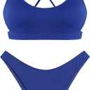 ZAFUL Women's Cutout Bikini Sets Scoop Neck Back Criss Cross Tie Ribbed High Cut Bikini Swimsuit Two Piece Bathing Suits (1-royal Blue)