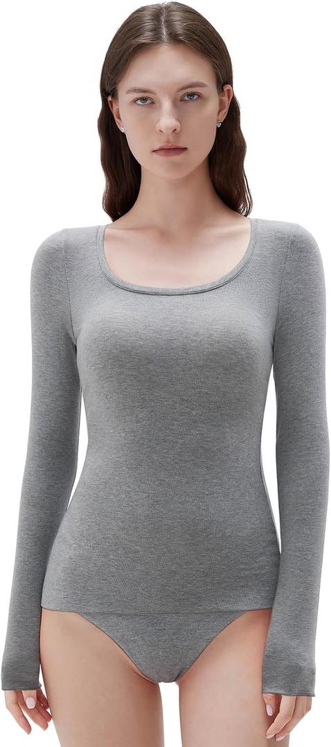 SUUKSESS Cloud Cashmere Women Scoop Neck Fitted Long Sleeve Shirt Basic Knit Tops (Small, Hemp Gray)