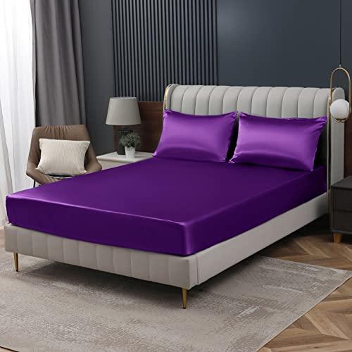 Homiest Purple Satin Fitted Sheet Queen Size, Deep Pocket, Luxury & Ultra Soft Bedding