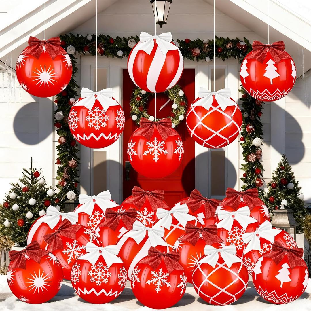 Jenaai 24 Pcs Red and White Christmas Inflatable Balls Decorations 9 Inch PVC Inflatable Balls Large Outdoor Blow up Christmas Ornaments Winter Snowflake Hanging Ornaments for Xmas Tree Yard Pool