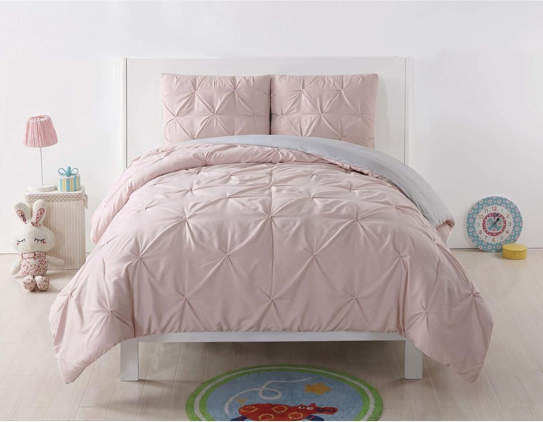 My World Pleated Solid Duvet Sets Blush and Silver Grey Polyester 2-Piece Twin XL Duvet Set, Solid Color Themed, for Kids, OEKO-TEX Certified