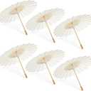 Juvale Parasol Umbrella Set - 6-Pack, 16 in Paper & Poplar Wood, White - Sun Umbrella for Garden Parties, Tea Party Decorations, & Weddings