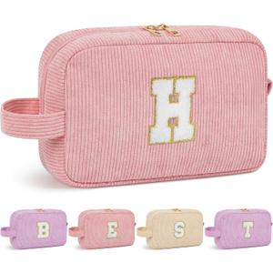 Initial Birthday Gifts Makeup Bag, Preppy Chenille Patch Cosmetic Bag, Birthday Gift Travel Toiletry Pouch, Ideal Gift for Women, Girls, Teachers & Moms (Light Pink, H)