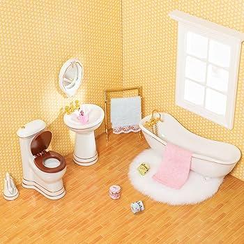 SAMCAMI Ceramic Dollhouse Furniture 1 12 Scale  Doll House Furniture Toys for Dollhouse Bathroom  Miniature Furniture Incl Toilet, Bathtub, Washbasin, Fluffy Carpet and Other Dollhouse Accessories