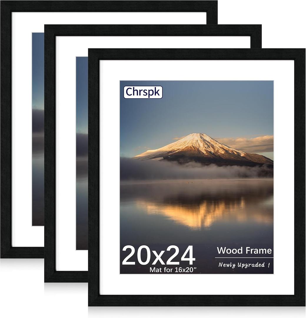 20X24 Poster Frame, Display Pictures 16X20 with Mat or 20X24 Without, Wall Hanging Frames, Black, 3 Pack