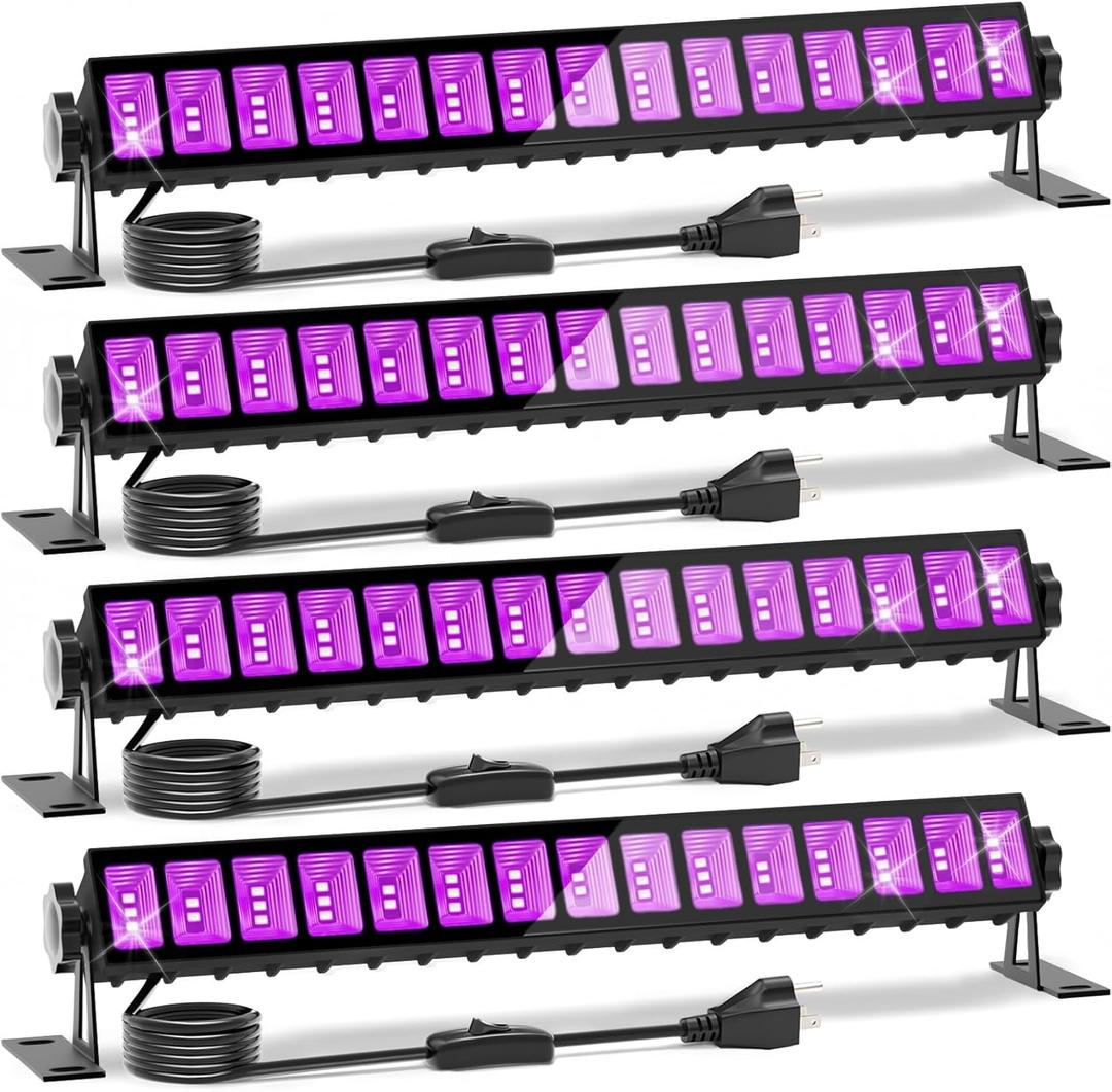 4 Pack LED Black Lights, Blacklight Bars with Plug+Switch+6ft Cord, Light Up 24x24ftx4, IP66 Waterproof Blacklight for Glow Party, Fluorescent Poster, Body Paint, Halloween Decorations, Bedroom, Stage