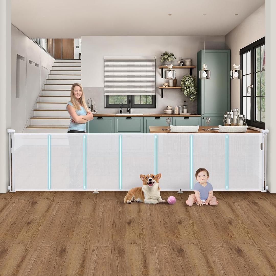 140'' Retractable Baby Gates Extra Wide,34" Tall Retractable Dog Gate for Doorways, Security Upgrade Reinforcement Rods Extra Long Retractable Baby Gate for Stairs, Indoor/Outdoor Retractable Gate - W