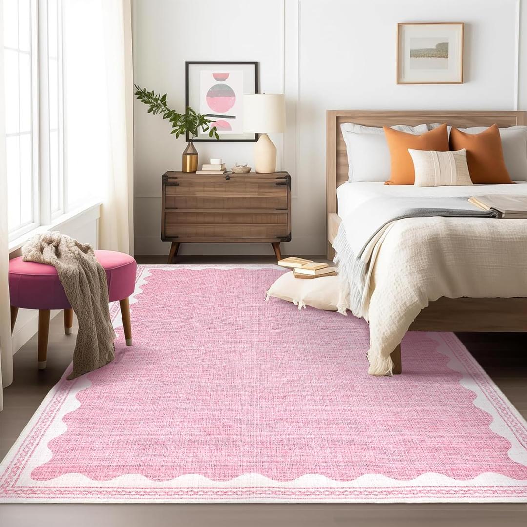 Scalloped Washable Rugs for Living Room, Solid Pink 6x9 Area Rugs for Bedroom Girls, Non Slip Scalloped Rug with Rubber Back, Soft Dorm Nursery 6x9 Rugs for Dining Room