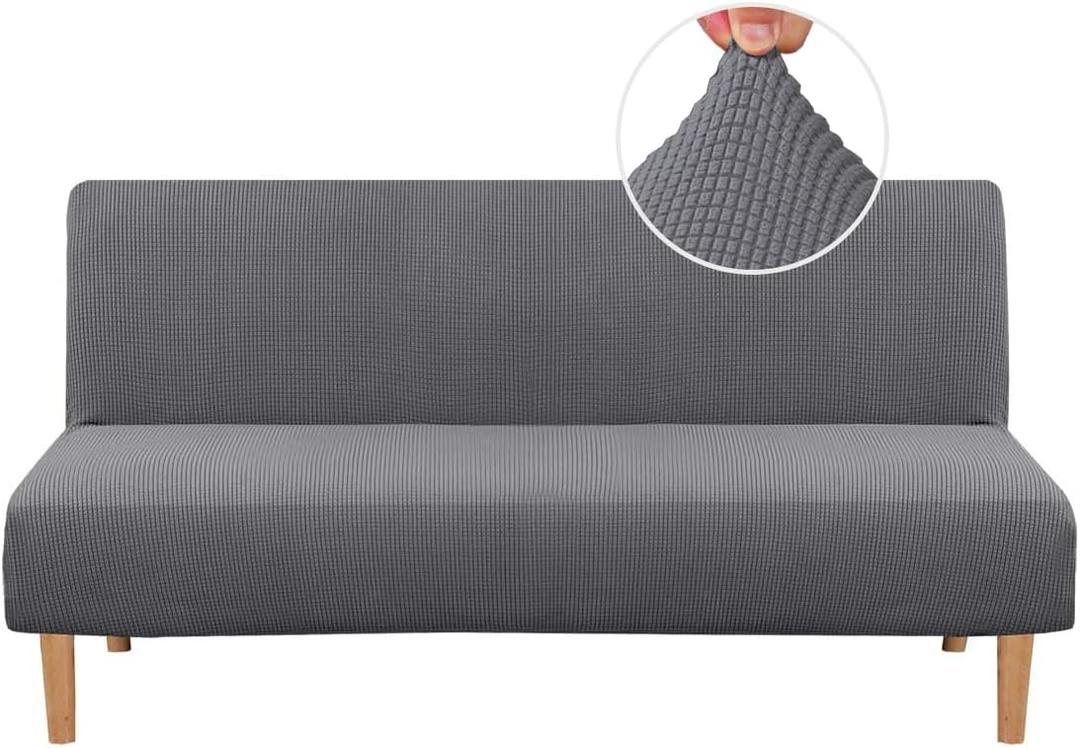 H.VERSAILTEX Armless Futon Cover Stretch Sofa Bed Slipcover Protector Elastic Feature Rich Textured High Spandex Small Checks Jacquard Fabric Futon Cover, Machine Washable, Gray