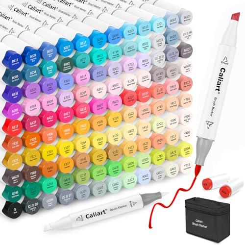 Caliart Alcohol Markers Brush Tip - 121 Colors Dual Tip Art Markers Set for Adult Coloring Books Artist Drawing Illustration Sketching, with Case Permanent Alcohol Based Colored Chisel & Brush Pens