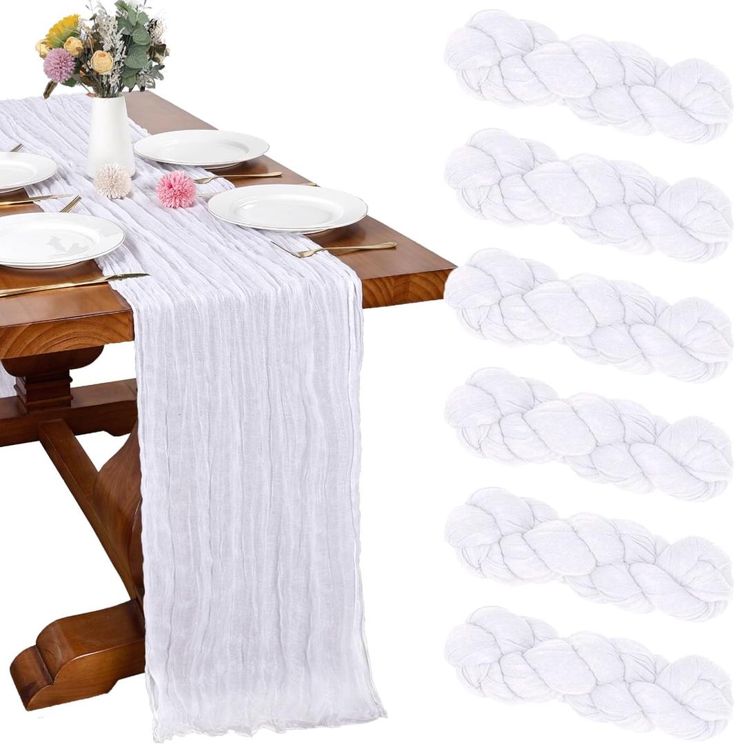 6 Pack White Cheesecloth Table Runner 10FT Boho Gauze Cheese Cloth Fabric Table Runner 35 x 120 Inch Rustic Sheer for Holiday Wedding Decor Baby Shower Party Decoration