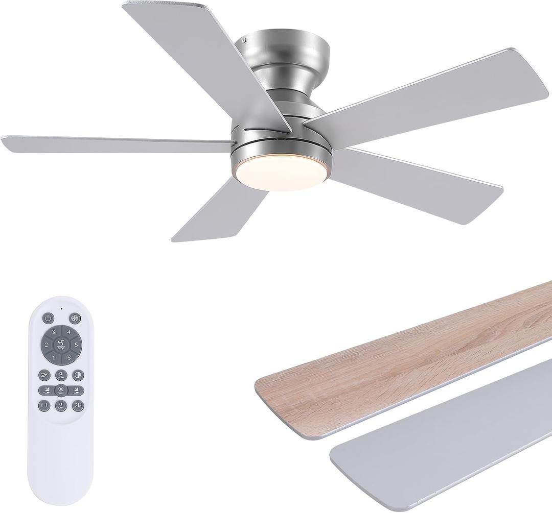 46" Ceiling Fan with Lights Low Profile, Flush Mount Ceiling Light with Remote and 5 Blades, Mute Reversible Motor, 6 Speeds and 3CCT Dimming, Modern Fan Light for Indoor Bedroom, Silver