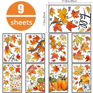 Yovkky Fall is in The Air Maple Leaves Window Clings 9 Sheets, Autumn Pumpkin Patch Thankful Grateful Farmhouse Stickers Decals Decor, Blessed Thanksgiving Home Kitchen Decorations,  Fall Maple Leaves