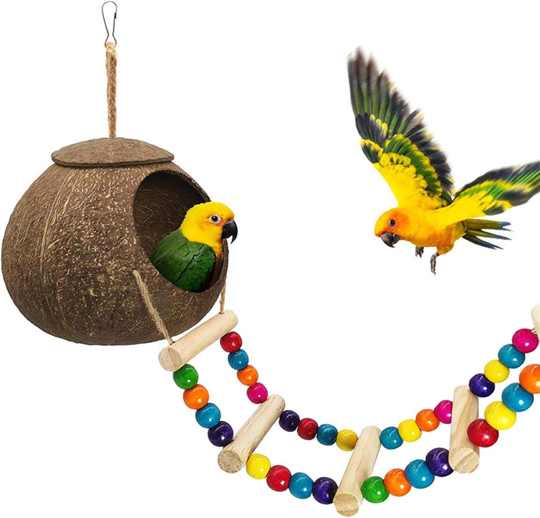 Coconut Bird House Coconut Shell Bird Nest with Ladder for Parrots, Hamsters Small Animals House Pet Cage Habitats Decor, Pet Bird Supplies