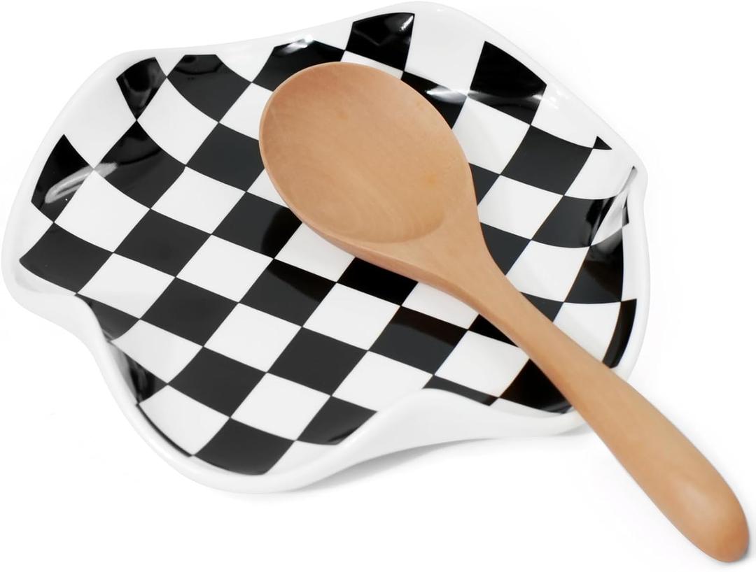 Spoon Rest for Stove Top, 5.3 Inch Ceramic Spoon Holder for Kitchen Counter, Coffee Ladle Holder, Utensil Rest for Cooking, Housewarming Gifts (Black and White)