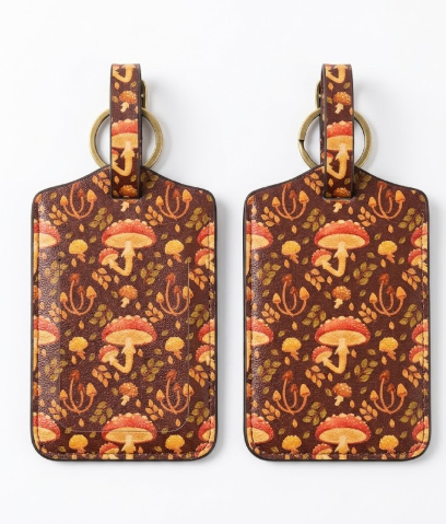 Kakurookie 2 Pack PU Leather Luggage Tags for Suitcases, Cute Suitcase Tags Cruise Ship Luggage Tag with Privacy Cover Label Address Card and Durable Metal Ring Suitable for Men Women (Mushroom 2)