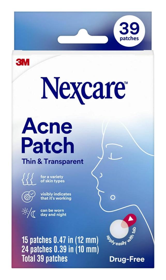 3 x Nexcare Thin and Transparent Acne Patch, Skin Cover Absorbs Pus and Oil from Clogged Pores, made with hydrocolloid, tab allows for easy removal from liner - 39 Pimple Patches