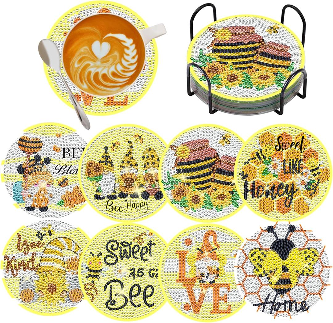 TDOOW Diamond Painting Coasters,8 Pcs Diamond Art Coastesr Kits with Holder, DIY Bee Diamond Art for Adults Beginner Crafts Kits for DIY Coaster