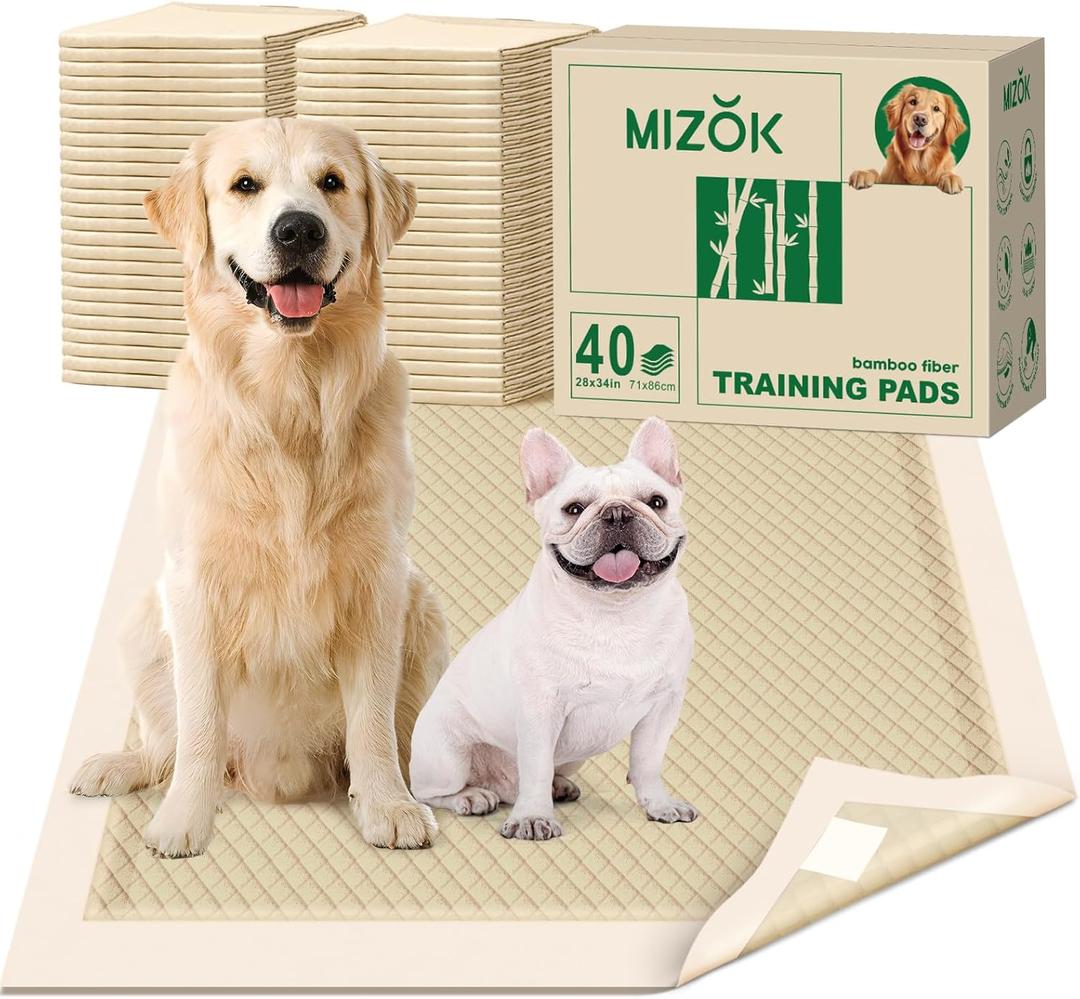 MIZOK Dog Pee Pads Extra Large 28"x34", Bamboo Puppy Pads Super Absorbent & Leak-Proof, 4-Corner Adhesive Tabs, Wee Wee Pads for Dogs, Superior Odor Protection, XL (40 Counts)