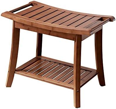 Forevich Bamboo Shower Bench Stool with Storage Shelf Waterproof Shower Chair Spa Bath Seat Excellent for Indoor Use Chestnut Brown