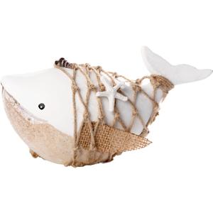 Decorative Wooden Whale Table Decor, White with Jute Net, Nautical Starfish Accent