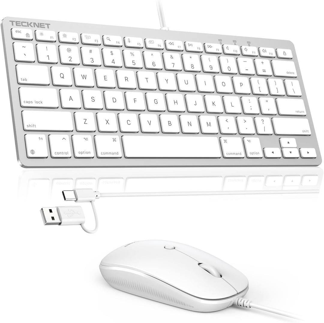 TECKNET USB Wired Keyboard and Mouse for Mac, Dual Interface(Type-C and USB A), Ergonomic Slim Keyboard Set Compatible with MacBook, iMac, Mac mini/Pro, White