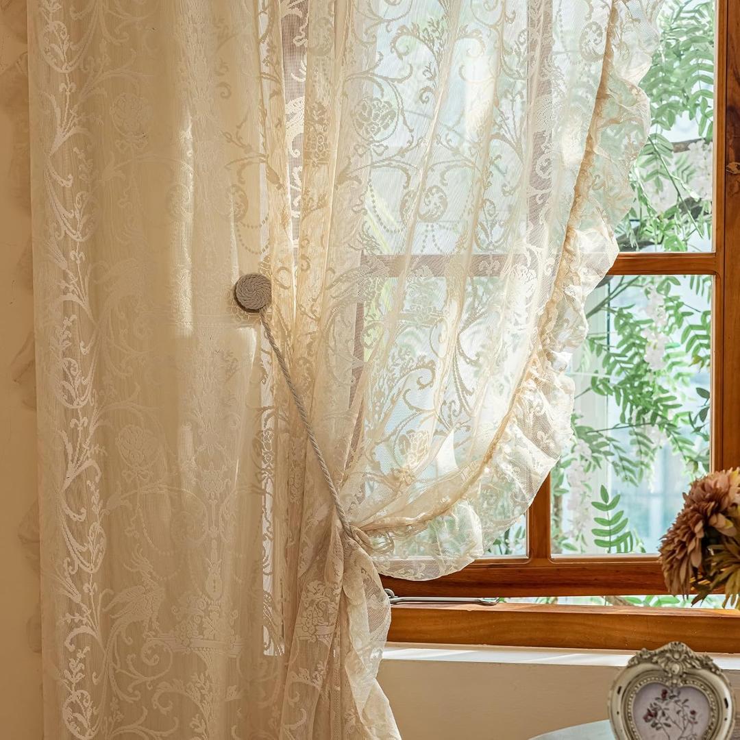 Beige Lace Curtains 84 Inches Long - Vintage Ruffle Sheer Curtains for Living Room, Farmhouse Flowy Flower Rod Pocket Fluffy Aesthetic Art Decor 1 Pair, 59 x 84 Inch, Natural Beige